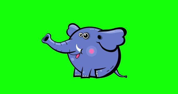 Cartoon blue elephant animation black outline sit down greenbox. Animated character isolated chromakey. Good for any material for kids, adverts, etc...
