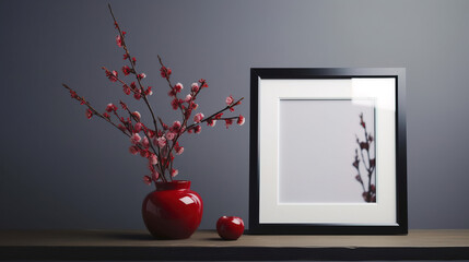 vase with spring flowers on the table, with picture frames. Mock-up, empty copy space