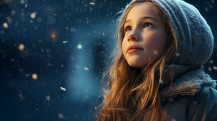 Young girl watching with wonder at first snow - obrazy, fototapety, plakaty
