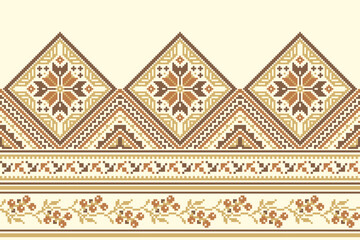 flower embroidery on cream background. ikat and cross stitch geometric seamless pattern ethnic oriental traditional. Aztec style illustration design for carpet, wallpaper, clothing, wrapping, batik.	