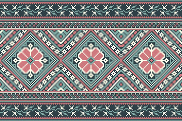flower embroidery on green background. ikat and cross stitch geometric seamless pattern ethnic oriental traditional. Aztec style illustration design for carpet, wallpaper, clothing, wrapping, batik.	