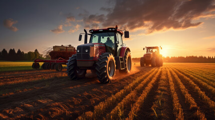 Tractors and workers on the agricultural field at evening time