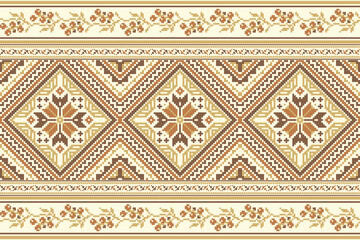 flower embroidery on cream background. ikat and cross stitch geometric seamless pattern ethnic oriental traditional. Aztec style illustration design for carpet, wallpaper, clothing, wrapping, batik.	