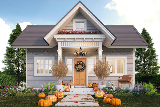 Halloween theme concept, Front of a small country house decorated with pumpkin heads on green lawn 3d render, the house has gray plank surrounded by nature