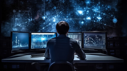 Man in astronomical laboratory that observes the space - obrazy, fototapety, plakaty