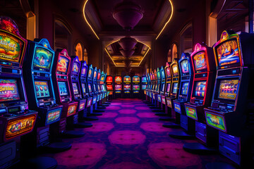 Rows of Colorful Slot Machines in a Casino Hall