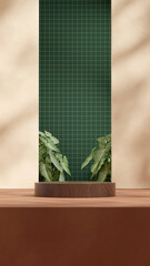 3d rendering empty scene wooden textured podium in portrait green tile wall and leaf plant
