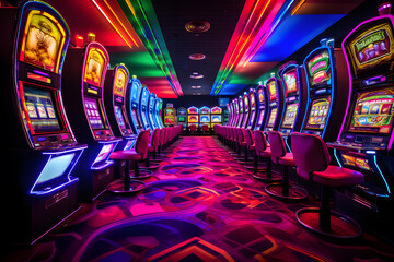 Rows of Colorful Slot Machines in a Casino Hall - obrazy, fototapety, plakaty