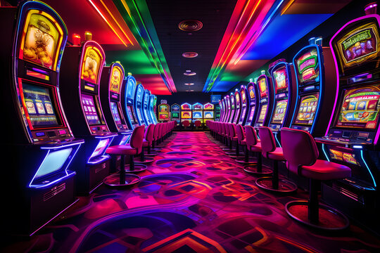 Rows of Colorful Slot Machines in a Casino Hall