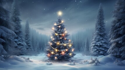 Decorated Christmas tree in deep forest, adorned with lights and colorful ornaments. Serene winter forest blanketed with fresh, untouched snow. Peaceful and magical essence of the holiday season.