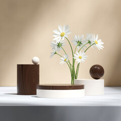 white daisy flower, 3d render image scene mockup wood and beige cylinder podium in square
