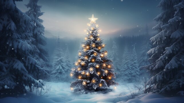 Decorated Christmas tree in deep forest, adorned with lights and colorful ornaments. Serene winter forest blanketed with fresh, untouched snow. Peaceful and magical essence of the holiday season.