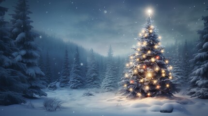 Decorated Christmas tree in deep forest, adorned with lights and colorful ornaments. Serene winter forest blanketed with fresh, untouched snow. Peaceful and magical essence of the holiday season.
