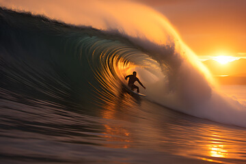A Surfer Riding a Massive Wave at Sunset - obrazy, fototapety, plakaty
