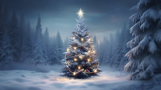 Decorated Christmas tree in deep forest, adorned with lights and colorful ornaments. Serene winter forest blanketed with fresh, untouched snow. Peaceful and magical essence of the holiday season.