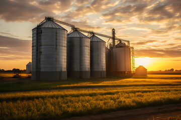 Fototapeta na wymiar farm with granary at golden hour sunset