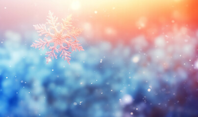 Winter snowy pastel wallpaper. Pink soft pastel gradient background with snowflakes. Cold and vivid illustration copy space
