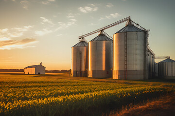 farm with granary at golden hour sunset