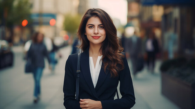 Beautiful young businesswoman in casual elegant clothes is standing outdoors in the city