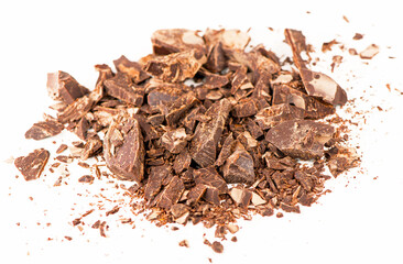 pieces of chocolate and crumbs for cooking and making fondue on a white background