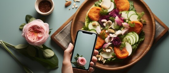 Cropped image of young woman taking photo of healthy food on smartphone