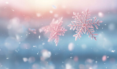 Fototapeta na wymiar Winter snowy pastel wallpaper. Pink soft pastel gradient background with snowflakes. Cold and vivid illustration copy space