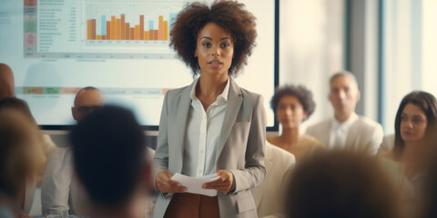 Woman with fluffy hair. Beautiful young business executive person is doing speech of analyzing strategy