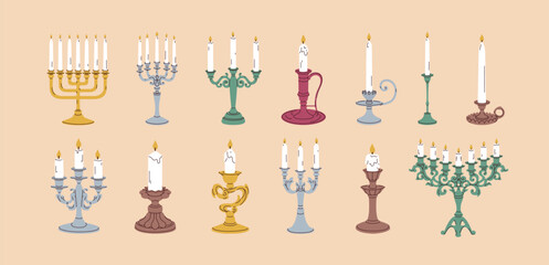 Fototapeta na wymiar Candles in old vintage candlesticks set. Retro-styled candelabras designs. Ancient candlelights with fire flame in holders, bases. Elegant home decoration. Isolated modern flat vector illustrations