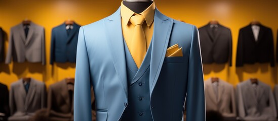 Mannequin wearing a yellow jacket and blue tie in a fashion store