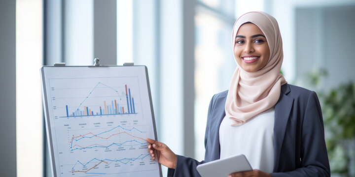 Muslim woman. Beautiful young business executive person is doing speech of analyzing strategy