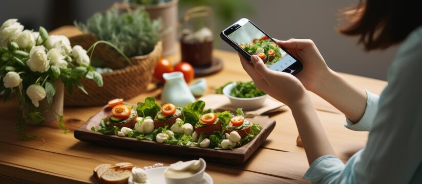Cropped image of young woman taking photo of healthy food on smartphone