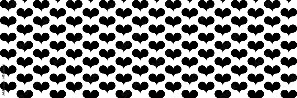 Poster horizontal seamless of black hearts on white for pattern and background.