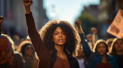 Black woman marching in protest with a group of people - obrazy, fototapety, plakaty