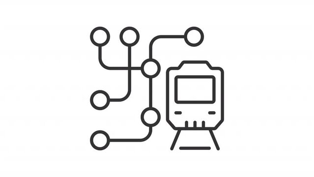2D black simple thin line animation of metro train map, HD video with transparent background, seamless loop 4K video representing railway industry.