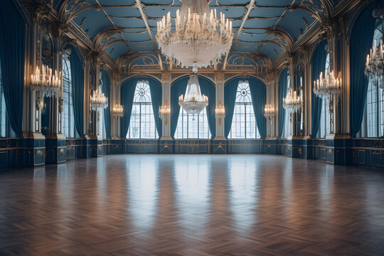 An Antique Ballroom with Crystal Chandeliers and Ornate Decor