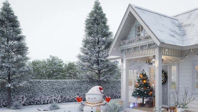 Animation of front of tiny house entrance porch in winter with Christmas and New Year concept 3d render decorated with cute snowman ,deer sculpture and Christmas tree 