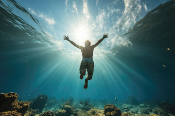 Man free diving, swimming to surface of water with sun rays shining through  - obrazy, fototapety, plakaty