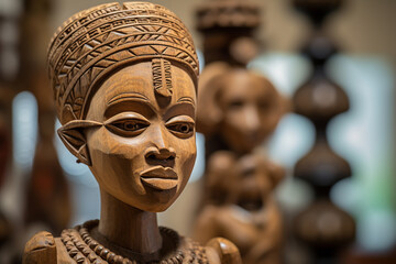An Intricate African sculpture of a woman displayed Inside a well-lit art gallery