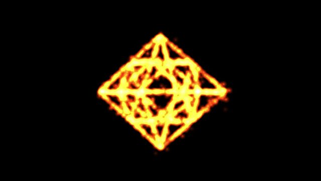 Spinning 3d octahedron with fire particles on plain black background