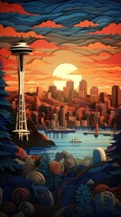 Seattle Skyline at Sunrise Sunset Paper Cut Phone Wallpaper Background Illustration - obrazy, fototapety, plakaty