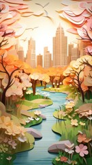 New York Central Park Seasons Paper Cut Phone Wallpaper Background Illustration	