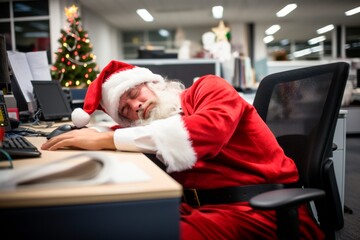 Santa is tired at the office, after preparing all the online orders. a man in a santa claus costume laying oncomputer desk ,Christmas concept