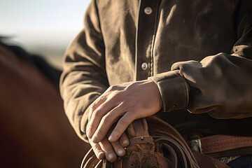 Obraz premium Western Horsemanship. Close-Up of a Cowboy's Hands on the Reins