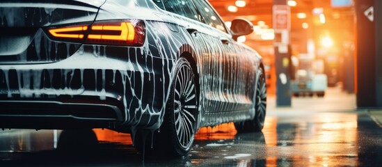 Car wash in car wash. Car wash concept. Car with foam and soap - obrazy, fototapety, plakaty