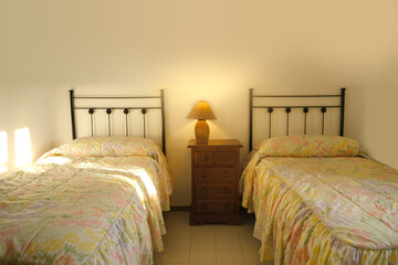 iron old-fashioned Cozy Twin Bedroom Retreat, Privacy and Comfort in Separate Beds, waking up...