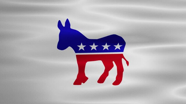 Animated Democrat party logo on white waving flag. Vote, election, democracy.