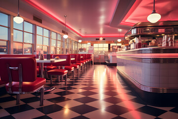 A Classic 1950s Diner with Neon Signs and Checkered Floors - obrazy, fototapety, plakaty
