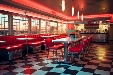 A Classic 1950s Diner with Neon Signs and Checkered Floors - obrazy, fototapety, plakaty