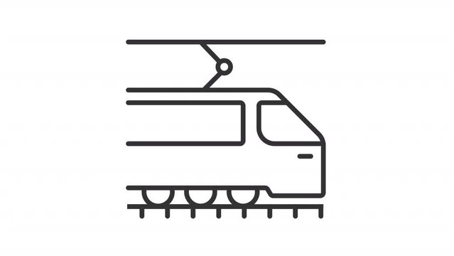 2D black simple thin line animation of tram, HD video with transparent background, seamless loop 4K video representing railway industry.