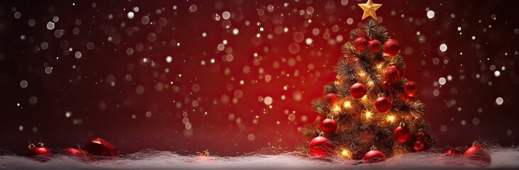 christmas tree on a red background with decorations